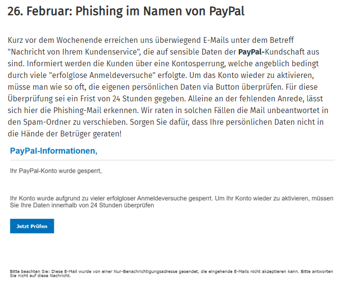 Beispiel Phishing Paypal aus dem Phishing Radar der Verbraucherzentrale